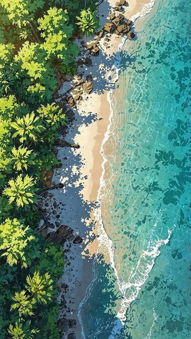 Hình nền bãi biển nhìn từ trên cao với dải cát ôm làn nước xanh ngọc, hàng cây rậm viền mép ảnh làm khung cảnh nhiệt đới này lên máy rất đẹp và thoáng