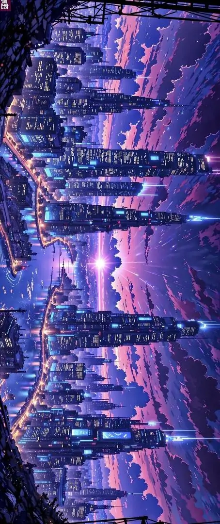 Phố đêm tím xanh với các tòa nhà cao và biển hiệu sáng dày đặc, phối cảnh nhìn sâu vào trung tâm tạo cảm giác đô thị hiện đại rất rõ trên ảnh nền ngoại cảnh