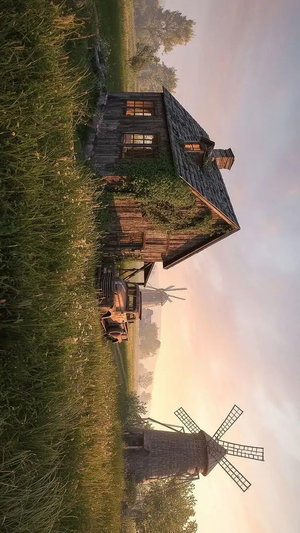 Ngôi nhà gỗ cũ đứng giữa đồng cỏ rộng, ánh nắng xiên cuối ngày phủ lên mái nhà tạo vẻ mộc và yên cho một ảnh nền thiên nhiên gần gũi