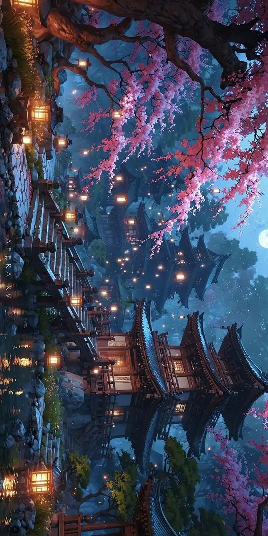 Con đường đèn lồng dẫn về ngôi chùa trong đêm, hoa đào phủ hai bên và ánh sáng vàng hắt lên mái ngói khiến cảnh này đậm chất ảnh nền phong cảnh Á Đông