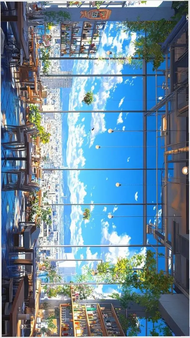 Ảnh bìa máy tính nhà kính lớn ngập nắng với khung sắt trắng và cây xanh bên trong, góc nhìn đối xứng làm không gian sáng bừng như một ảnh nền 4K trong trẻo