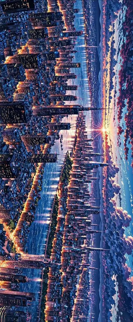 Thành phố lúc hoàng hôn hiện lên dày đặc ánh đèn, mặt nước phản chiếu sắc tím cam và các tòa nhà chen nhau tạo cảm giác đô thị rực rỡ cho hình nền phong cảnh