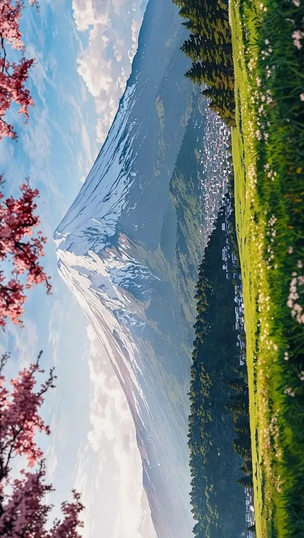 Hình nền smartphone núi tuyết cao nổi bật giữa bầu trời trong, hàng cây và đồng cỏ ở tiền cảnh giữ khung ảnh cân bằng khiến cảnh này rất hợp ảnh nền thiên nhiên