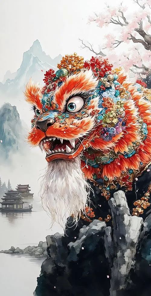 Ảnh nền đt Iphone đầu lân cam đỏ đứng trên mỏm đá cạnh mặt nước mờ sương, góc nhìn hơi thấp làm dáng đi thêm oai mà vẫn giữ nét dễ thương của hình đoàn lân