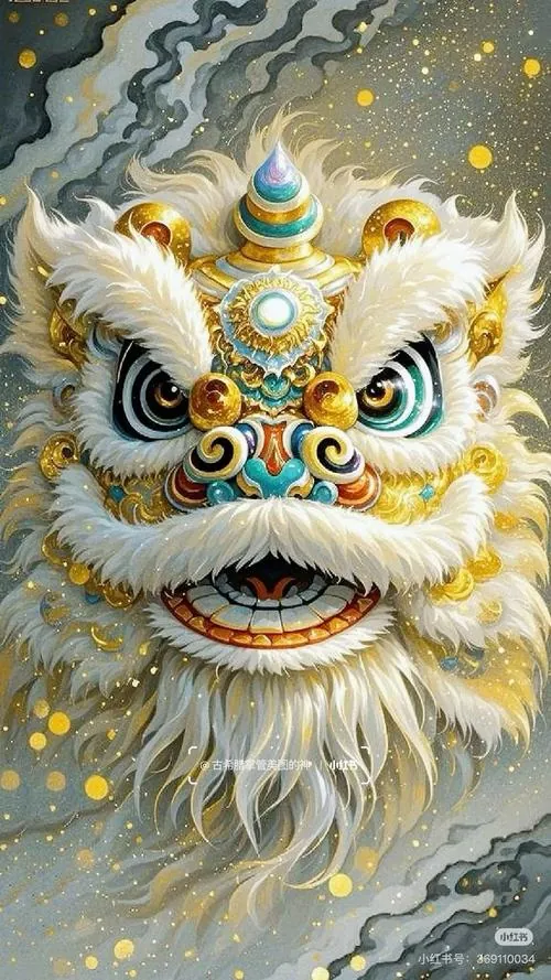 Chú lân trắng vàng nhìn gần từ chính diện với bộ lông bồng và mắt xanh sáng, nền mây xám lấp lánh giúp ảnh vũ lân này trông Ultra HD và hợp người tuổi thích phong thủy