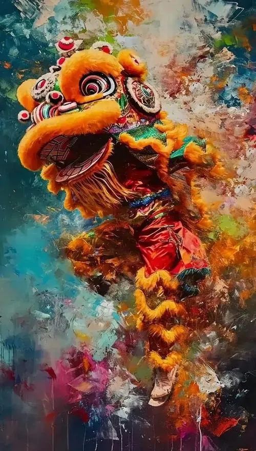 Hình nền smartphone đầu lân cam vàng xoay nghiêng trong lớp màu bốc như lửa, phần cổ uốn cong mạnh làm cả khung hình như đang múa giữa hội, rất ngầu và thu hút tiền bạc
