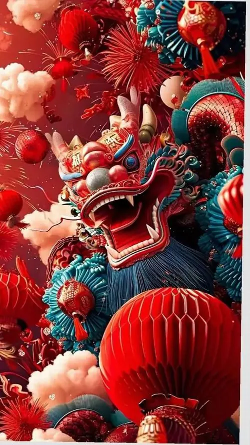 Ảnh nền máy đầu lân đỏ nổi bật giữa nền đỏ cùng cụm đèn lồng tròn, mắt mở to và râu cuộn làm tổng thể rất 3D, hợp treo dịp khai trương để chiêu tài