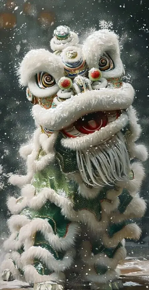 Hình nền dọc đầu lân đỏ hồng được vẩy màu mạnh trên nền trắng, đôi mắt xếch và lông tơi tung ra hai bên làm bức hình vũ lân nhìn rất đẹp và đầy may mắn