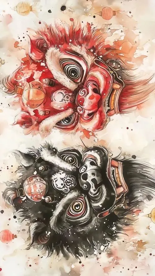 Tranh cuộn nền sáng có con lân nhỏ bên trên mái làng, nét vẽ cổ và khoảng trống rộng khiến khung hình nhẹ nhàng hơn, hợp ai thích phong thủy bình an dịp đầu năm