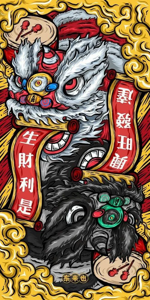 Hình nền đầu lân đỏ trắng đứng nghiêng trong khung dọc, mắt tròn mở lớn, thân đen thấp thoáng bên dưới, viền hoa văn vàng làm ảnh lân sư rồng trông rất đẹp và chiêu tài