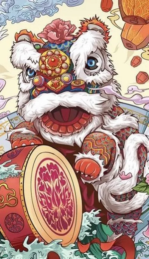 Ảnh nền full màn cận cảnh đầu lân trắng đen với mắt đỏ tròn lớn, lông xoắn và nét mực mạnh tạo cảm giác HD rõ khối, nhìn khá ngầu mà vẫn giữ tinh thần lễ hội