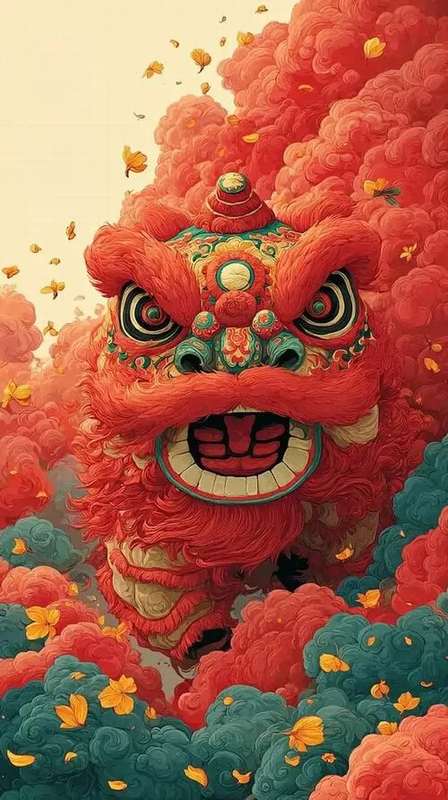 Đầu lân đỏ trắng đứng một mình trên nền giấy loang, chân trước nhấc lên như đang thử nhịp trống, bức ảnh múa linh vật này gọn mắt và gợi tài lộc rất tự nhiên