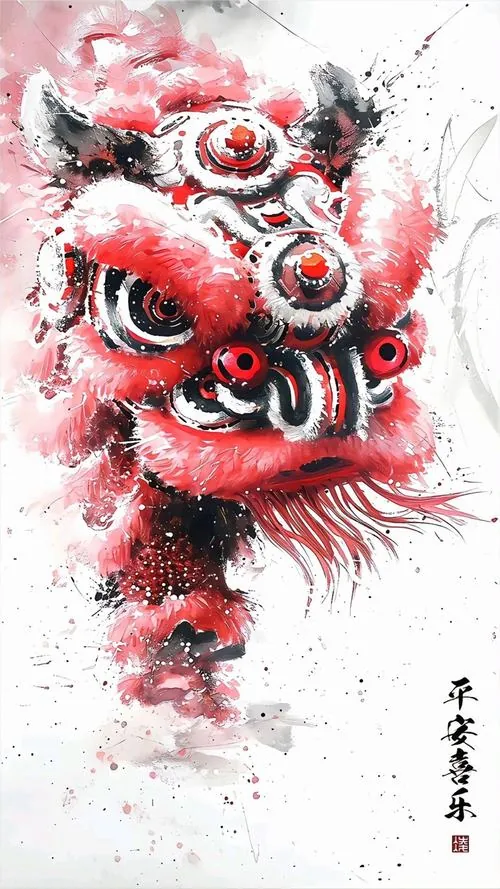 Ảnh nền khóa màn đầu lân trắng xám đội hoa đỏ nhỏ trên đỉnh, miệng cười rộng và râu xoè mềm giữa mảng màu vẩy nhẹ, tổng thể cute và hợp làm ảnh chiêu tài