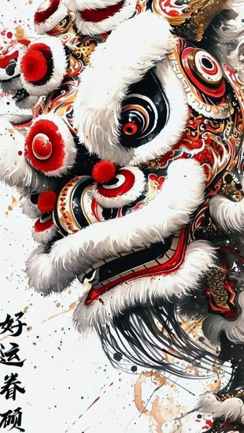 Hình nền cảm ứng đầu lân xanh trắng đặt giữa nền cam rực, hạt ngọc và hoa văn tròn phủ kín thân làm ảnh đoàn lân này nổi bật, vui mắt và rất hợp gọi vận khí