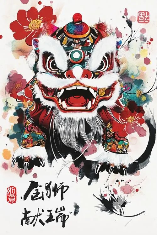 Ảnh nền 4K cô gái mặc váy đỏ đứng nghiêng dưới bóng đầu lân xoáy lớn phía sau, mảng màu dày và thế tay mềm khiến khung hình vừa lạ vừa hợp không khí lễ hội