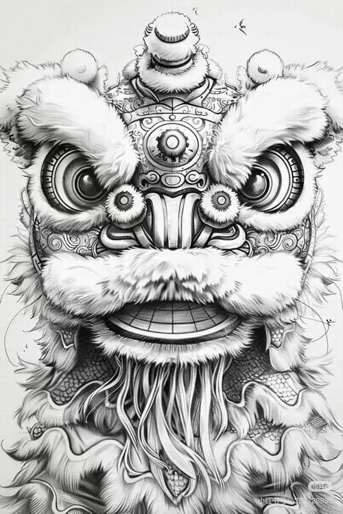 Gương mặt lân đen trắng nổi lên từ mây khói đỏ, nét vẽ dồn xuống phần mắt và mũi làm bức ảnh lân sư rồng này mạnh thị giác, hợp treo để tăng cảm giác thịnh vượng