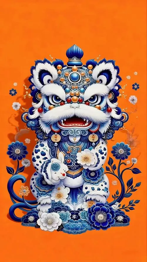 Hình nền đẹp đầu lân viền vàng đỏ nhìn nghiêng, bên dưới có linh vật nhỏ màu đen và dải chữ đỏ, bố cục dày chi tiết làm ảnh phong thủy này khá bắt mắt và chiêu tài