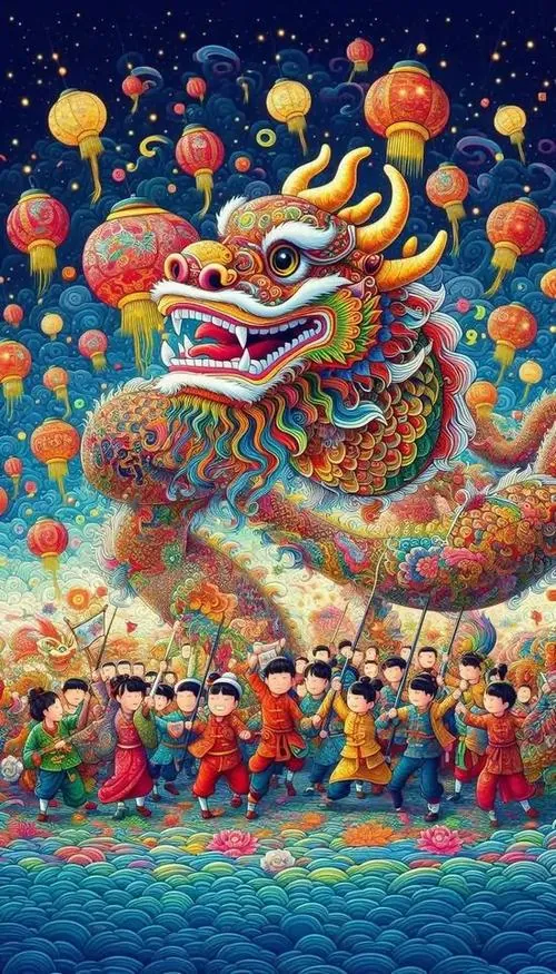 Chú lân phủ họa tiết sặc sỡ nhảy trên nền pháo hoa xanh đêm, dáng vươn cao và gương mặt cười rạng khiến hình vũ lân này vừa vui nhộn vừa gợi cảm giác may mắn