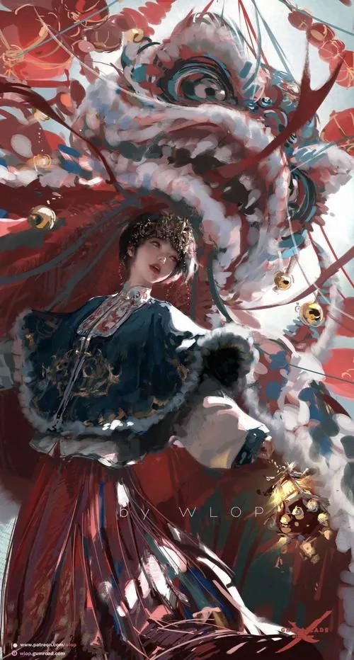 Ảnh nền lễ hội đầu lân vàng trắng đứng cao giữa mây màu và hoa nở, cổ vươn dài cùng đôi mắt tròn khiến bức ảnh múa sư tử dân gian gợi cảm giác bình an, đẹp mắt