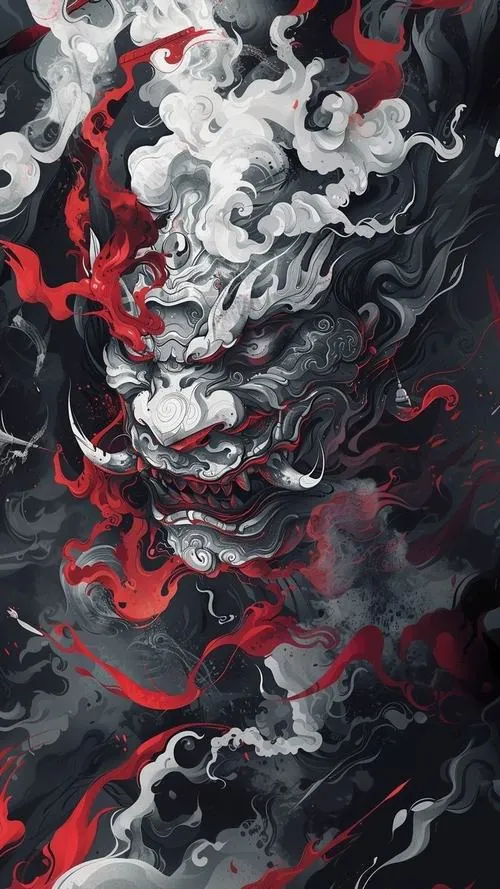 Khung dọc với gương mặt lân đỏ bùng lên giữa nền đen và vệt lửa, nét vẽ dày khiến ảnh đoàn lân trông dữ dội hơn, hợp ai thích sắc thái ngầu và tụ tài