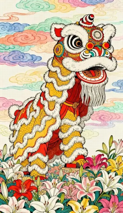 Ảnh nền đầu lân vàng trắng dựng thẳng giữa mây màu pastel và khóm hoa nhỏ, dáng đứng gọn gàng làm bức ảnh múa sư tử dân gian trông dễ thương và bình an