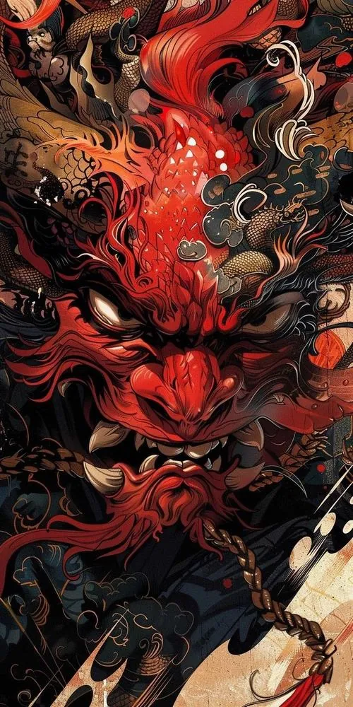 Khung hình tối nổi bật gương mặt lân đỏ bốc lửa như đang lao ra từ mảng khói đen, ánh mắt gằn mạnh tạo cảm giác ngầu, hợp làm ảnh phong thủy tụ tài