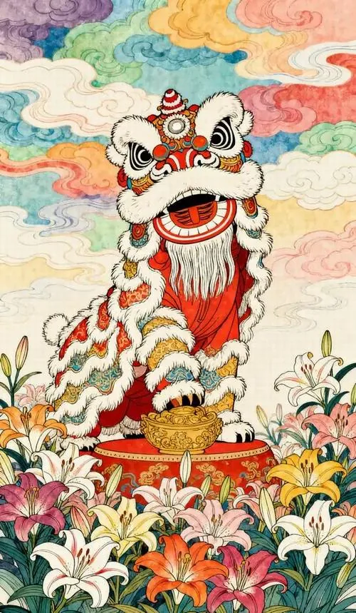 Ảnh bìa chú lân vàng đỏ đứng trên bệ nhỏ giữa vườn hoa, nét vẽ mềm và nền mây loang khiến ảnh đoàn lân mang không khí lễ hội sáng sủa, thịnh vượng và rất cute