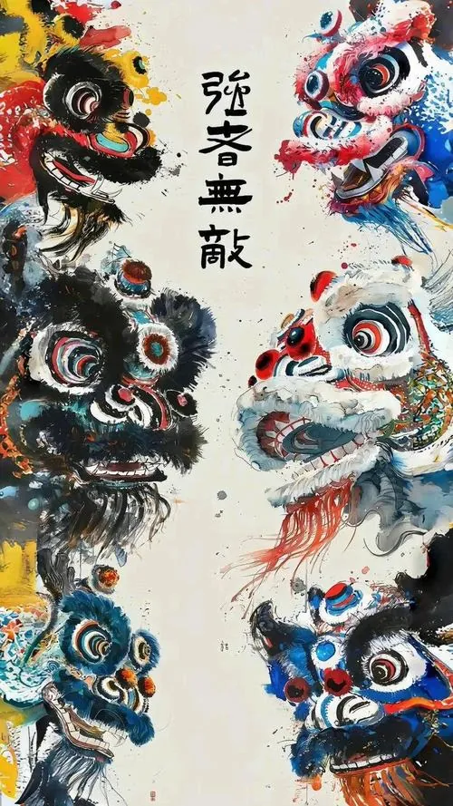 Bức tranh mực loang vẽ nhiều đầu lân chen nhau quanh dòng chữ dọc, sắc đen xanh đỏ đan xen tạo cảm giác rộn ràng như một buổi biểu diễn lân rồng đang vào nhịp