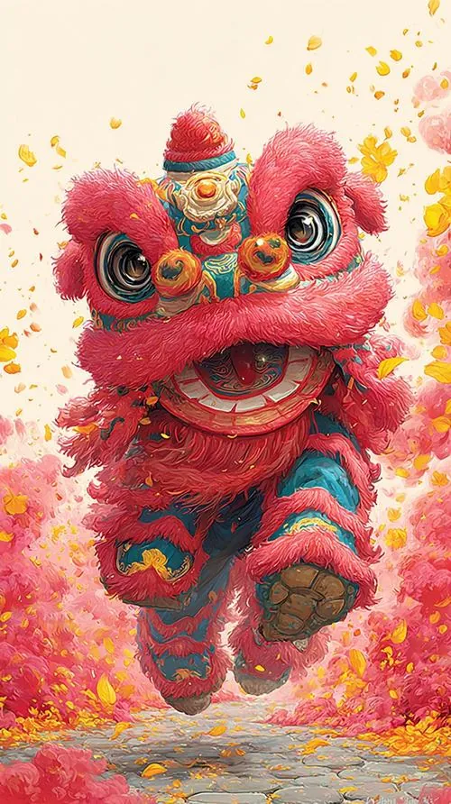 Hình nền điện thoại chú lân hồng đỏ bước tới trên nền màu nước loé sáng, chân nhấc cao và đầu ngẩng lên khiến tổng thể 3D vui mắt, gợi vận khí tốt và tài lộc đầu ngày