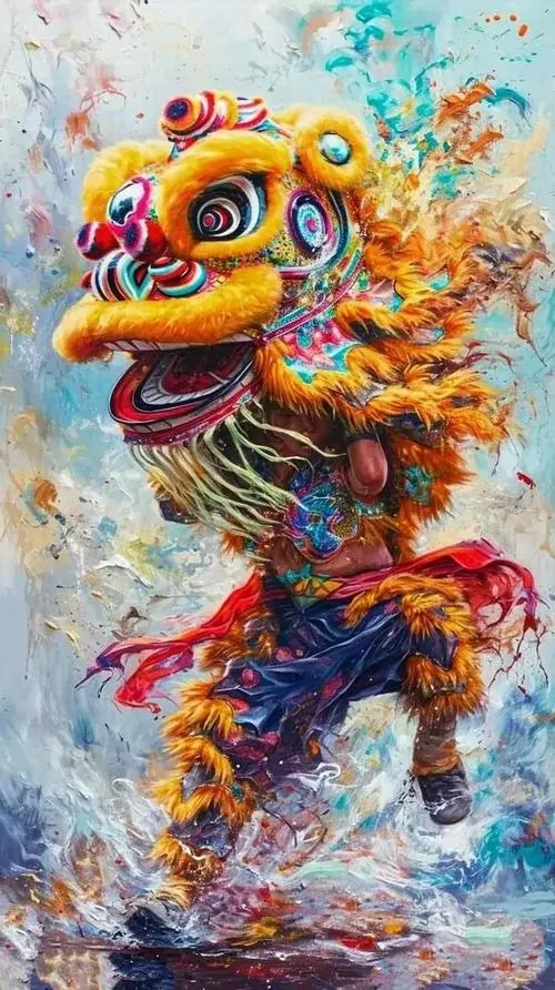 Đầu lân xanh vàng hiện lên giữa mảng màu bắn tung như pháo giấy, miệng há rộng và bờm rung mạnh làm ảnh lân hái lộc này trông cực HD và đầy sức hút