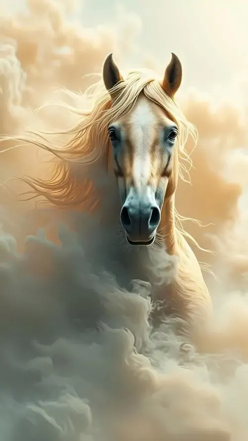 Vẻ đẹp của con tuấn mã màu vàng đồng hiện lên giữa làn khói mờ ảo với ánh sáng vàng dịu bao phủ khắp khung hình mang lại sự ấm áp lạ kỳ.