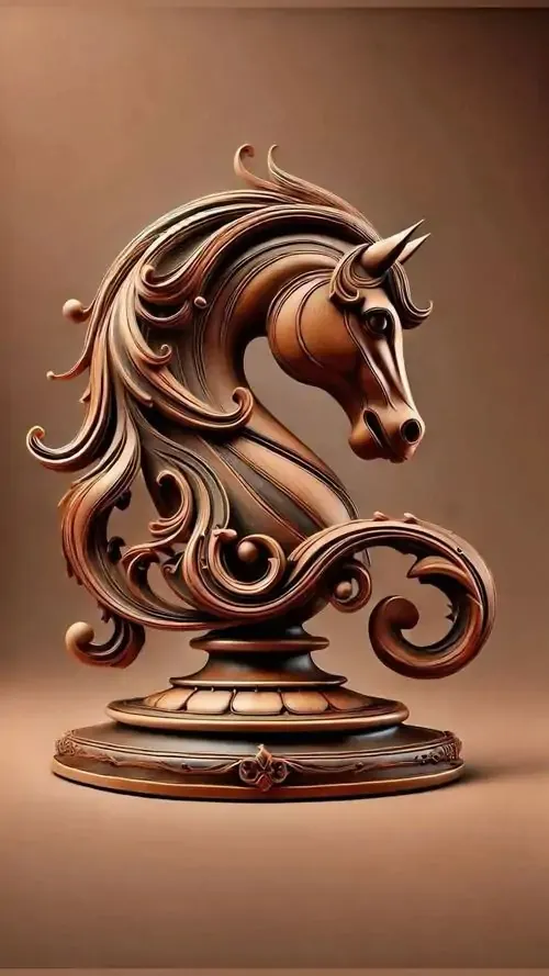 Tượng đầu ngựa bằng gỗ nâu bóng loáng đặt trên bệ trụ tròn với những đường vân tự nhiên mang lại phong thái sang trọng cho góc nhìn nghệ thuật ba chiều đặc sắc.