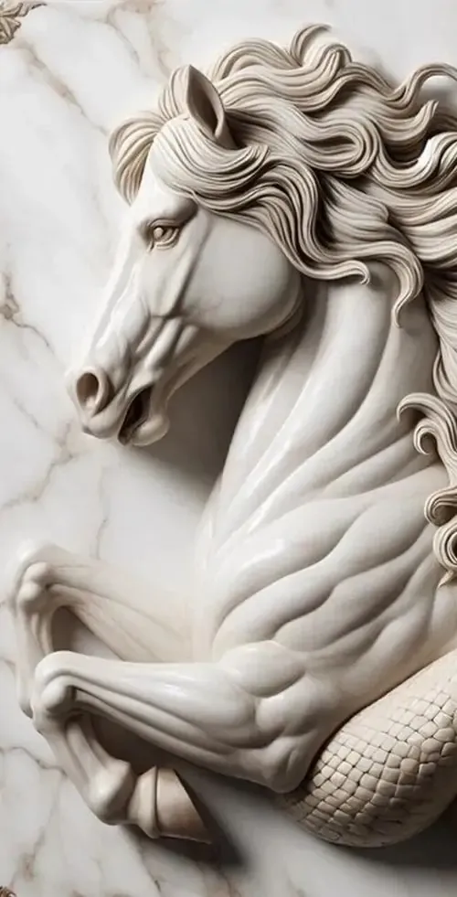 Ảnh bìa đầu bạch mã với phần bờm dài uốn lượn như dải lụa mềm mại trên nền đá trắng tạo nên một tác phẩm phù điêu đầy tinh tế và thanh thoát.