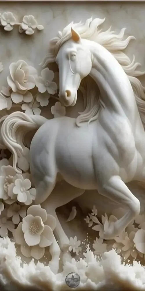 Bức phù điêu con ngựa trắng đứng giữa rừng hoa nở rộ với các đường nét chạm trổ nổi khối rõ rệt giúp không gian số của bạn trở nên sinh động và thơ mộng.