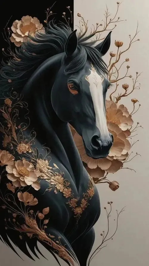 Ảnh wallpaper chiến mã đen huyền bí được trang trí bằng những họa tiết hoa vàng tinh xảo uốn lượn dọc theo cơ thể tạo nên vẻ đẹp đẳng cấp và đầy quyền lực.