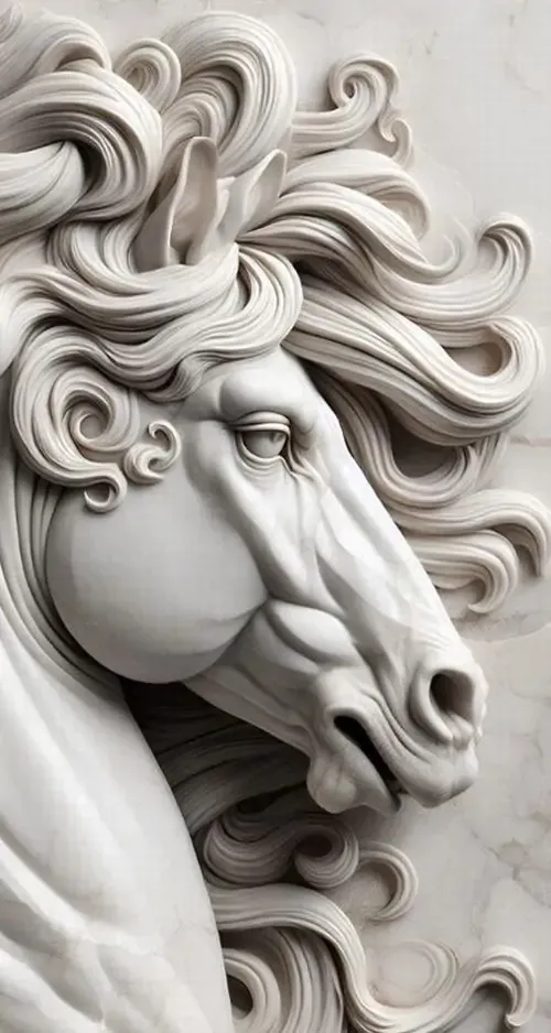 Ảnh nền đt Iphone cận cảnh đầu ngựa trắng với phần lông bờm tung bay tựa sóng biển khiến bức tượng đá như đang chuyển động thực sự trước mắt người xem rất chân thực.