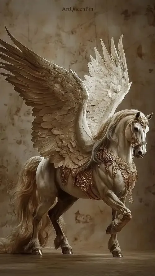 Hình ảnh thiên mã có cánh đứng oai vệ trên nền giấy cũ mang phong cách cổ điển với những đường nét phác họa ba chiều cực kỳ công phu và nhuốm màu thời gian.