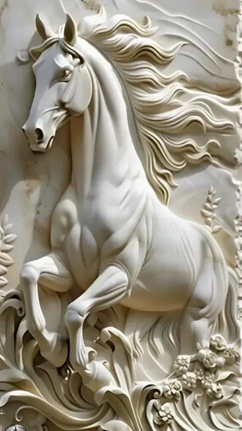 Hình nền chú ngựa trắng vươn mình thoát ra khỏi khung tranh phù điêu với các lớp mây cuộn tròn bao quanh tạo hiệu ứng thị giác đa chiều cực kỳ mạnh mẽ và ấn tượng.