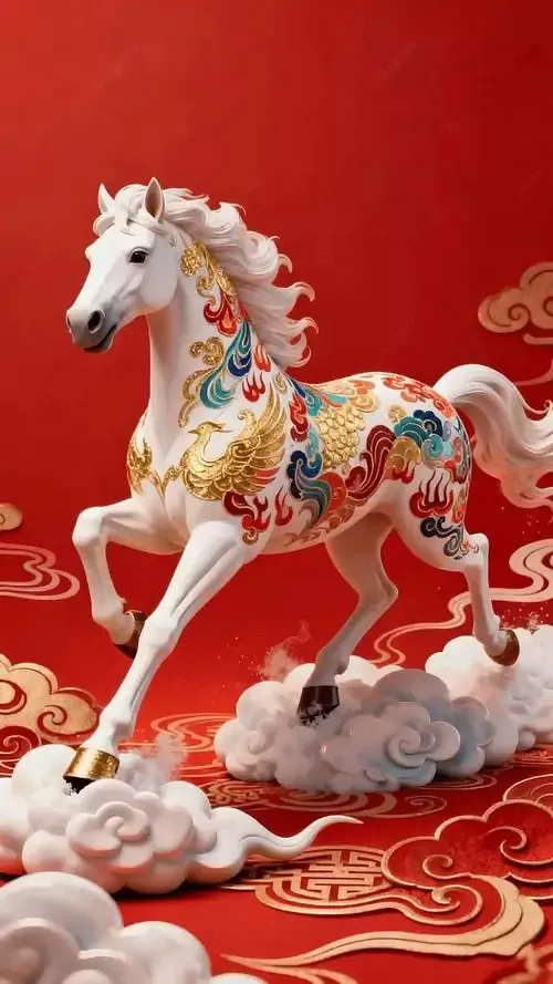 Con tuấn mã trắng được trang bị yên cương lộng lẫy đứng nổi bật trên nền đỏ rực mang đậm không khí lễ hội cùng lời chúc may mắn ẩn hiện qua từng chi tiết.