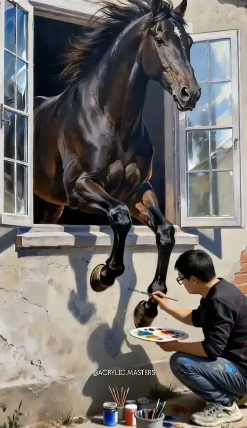 Ảnh nền thực tế ghi lại khoảnh khắc chú ngựa đen thò đầu qua cửa sổ nhìn người họa sĩ đang vẽ tạo nên một bối cảnh gần gũi và vô cùng thú vị cho người xem.