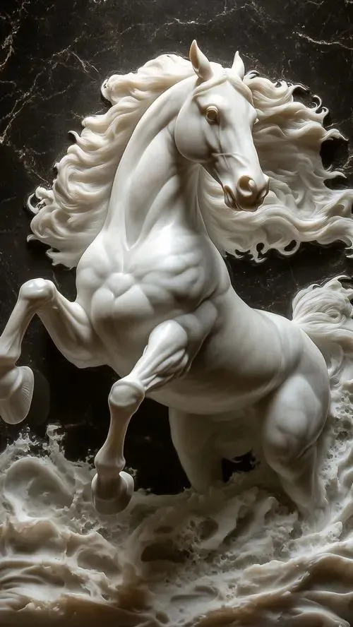 Khối điêu khắc đầu ngựa trắng hiện lên rõ nét trên nền tối với độ tương phản cao làm tôn lên thần thái cương nghị và vẻ đẹp của sự tĩnh lặng đầy nghệ thuật.