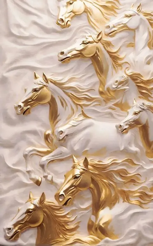 Hình nền điện thoại ghi lại cảnh đàn ngựa vàng đang phi nước đại vượt ra khỏi bức tường trắng mang lại cảm giác năng động và tràn đầy sinh khí cho ngày mới.