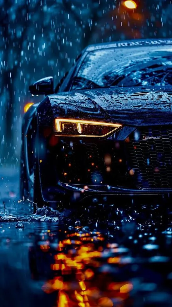 Góc cận phần đầu chiếc xe xanh trong mưa đêm phủ hạt nước, đèn trước sáng vàng trên nền xanh lạnh làm ảnh màn hình ô tô Ultra HD vừa sắc vừa dày
