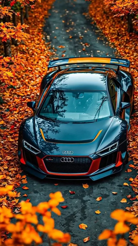 Ảnh wallpaper góc chụp chính diện chiếc xe xanh đen giữa thảm lá cam, nắp capo bóng và viền đỏ nhỏ tạo cảm giác xe hơi HD mạnh gọn trên màn hình dọc