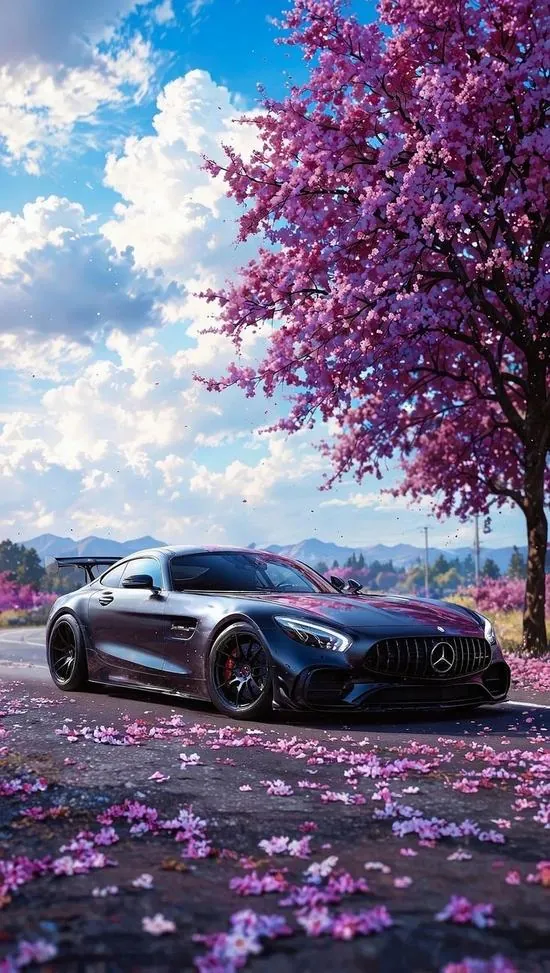 Chiếc xe thể thao đen nằm dưới tán hoa tím bên bãi cánh rơi, nền trời xanh sáng giúp ảnh nền xe hơi siêu nét cho điện thoại vừa đẹp vừa thoáng mắt