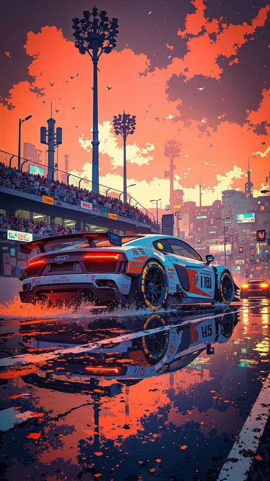 Ảnh nền đt iPhone phần đuôi chiếc xe xanh phát sáng trên mặt đường ướt, hàng cọ và bầu trời cam hồng phía xa làm khung hình oto 3D trông rất ngầu