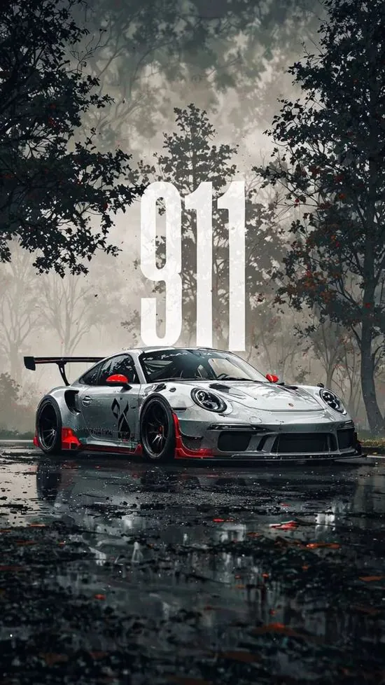 Khung hình đen trắng đặt chiếc Porsche thấp giữa đường ướt, hàng cây tối phía sau cùng con số lớn trên nền mờ khiến ảnh nền xe hơi chất lượng cao nhìn rất gắt