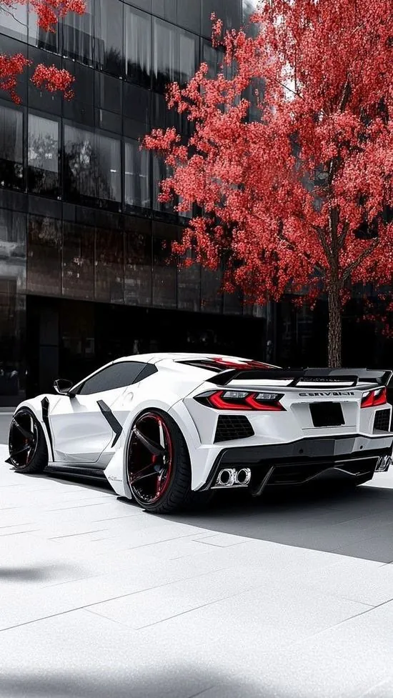Ảnh màn hình siêu xe trắng đỗ sát tòa nhà kính với một cây lá đỏ nổi bật bên hông, bố cục sạch làm hình nền ô tô đẹp cho điện thoại trông sáng và sang