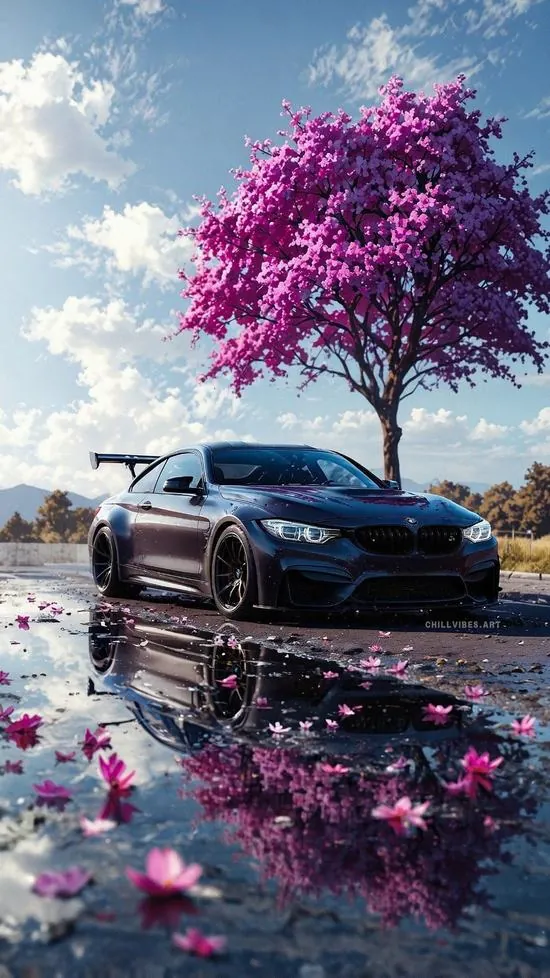 Hình nền chiếc xe đen đỗ trước cây hoa tím, mặt nước phản chiếu thân xe và cánh rơi tạo lớp trước sau rõ ràng, rất hợp làm ảnh nền oto đẹp cho điện thoại