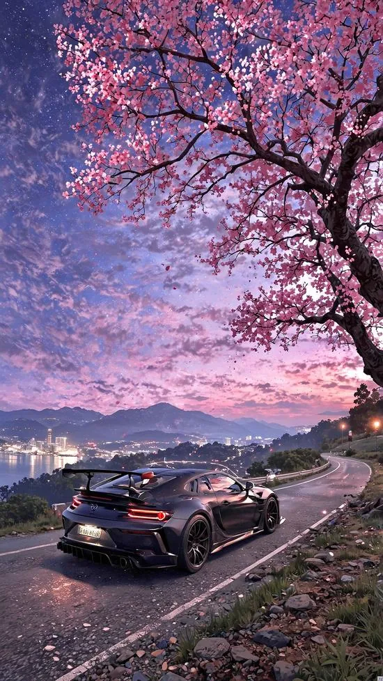 Hình nền chiếc ô tô đen chạy chậm trên con đường ven đồi lúc hoàng hôn, một cây hoa hồng tím phủ nghiêng khung trời làm ảnh nền xe hơi 4K cho điện thoại nhìn rất đẹp